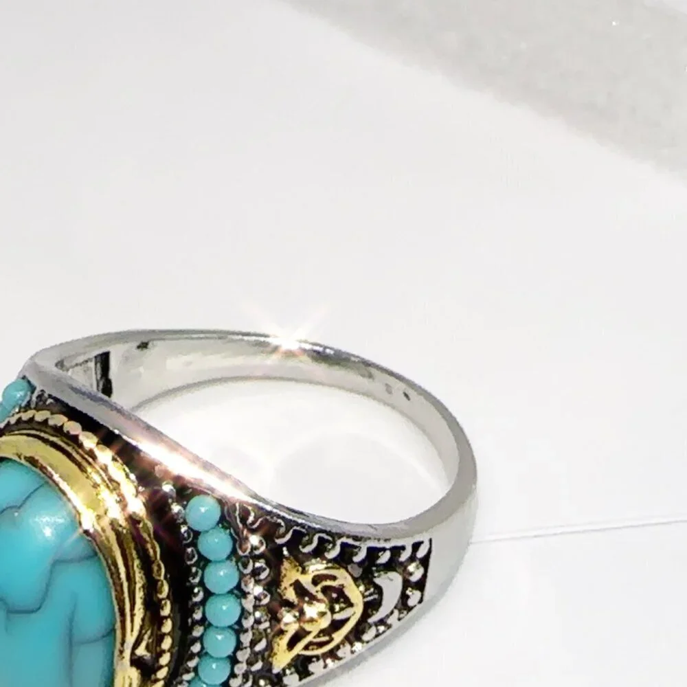 Mens Turquoise Ring Gold and Silver Accents Size 10